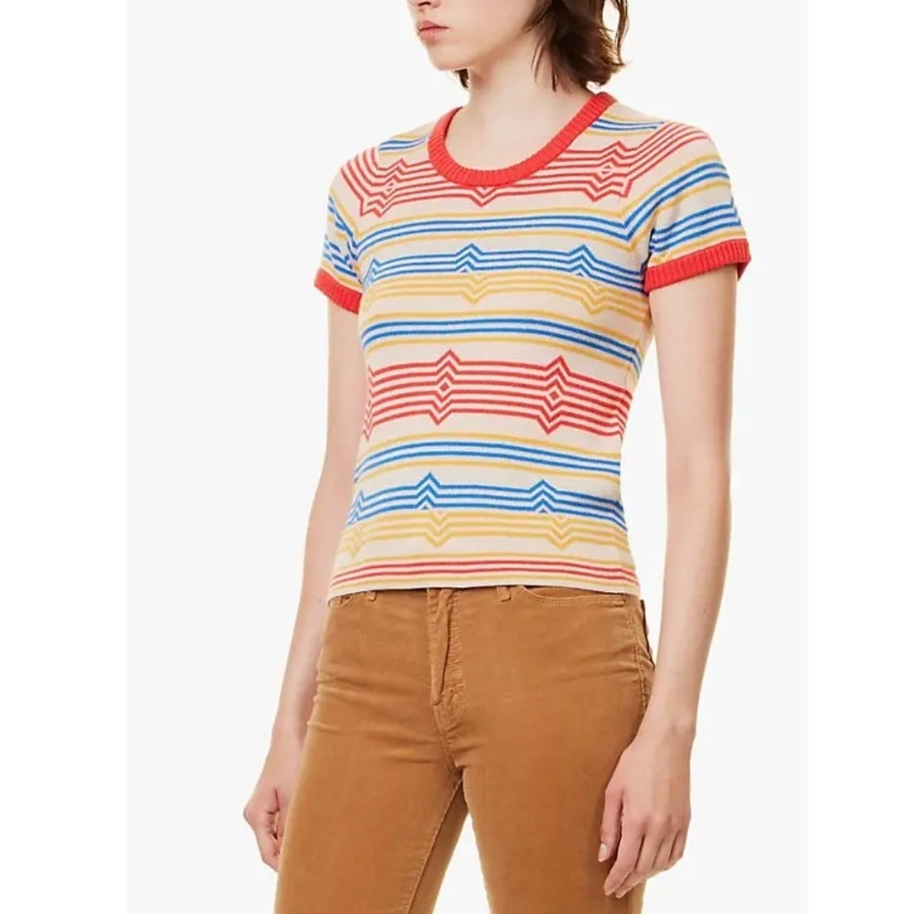 MOTHER The Itty Bitty Scoop Neck Knit Top Twin Peaks Stripe Pearl S NWT - Picture 2 of 13